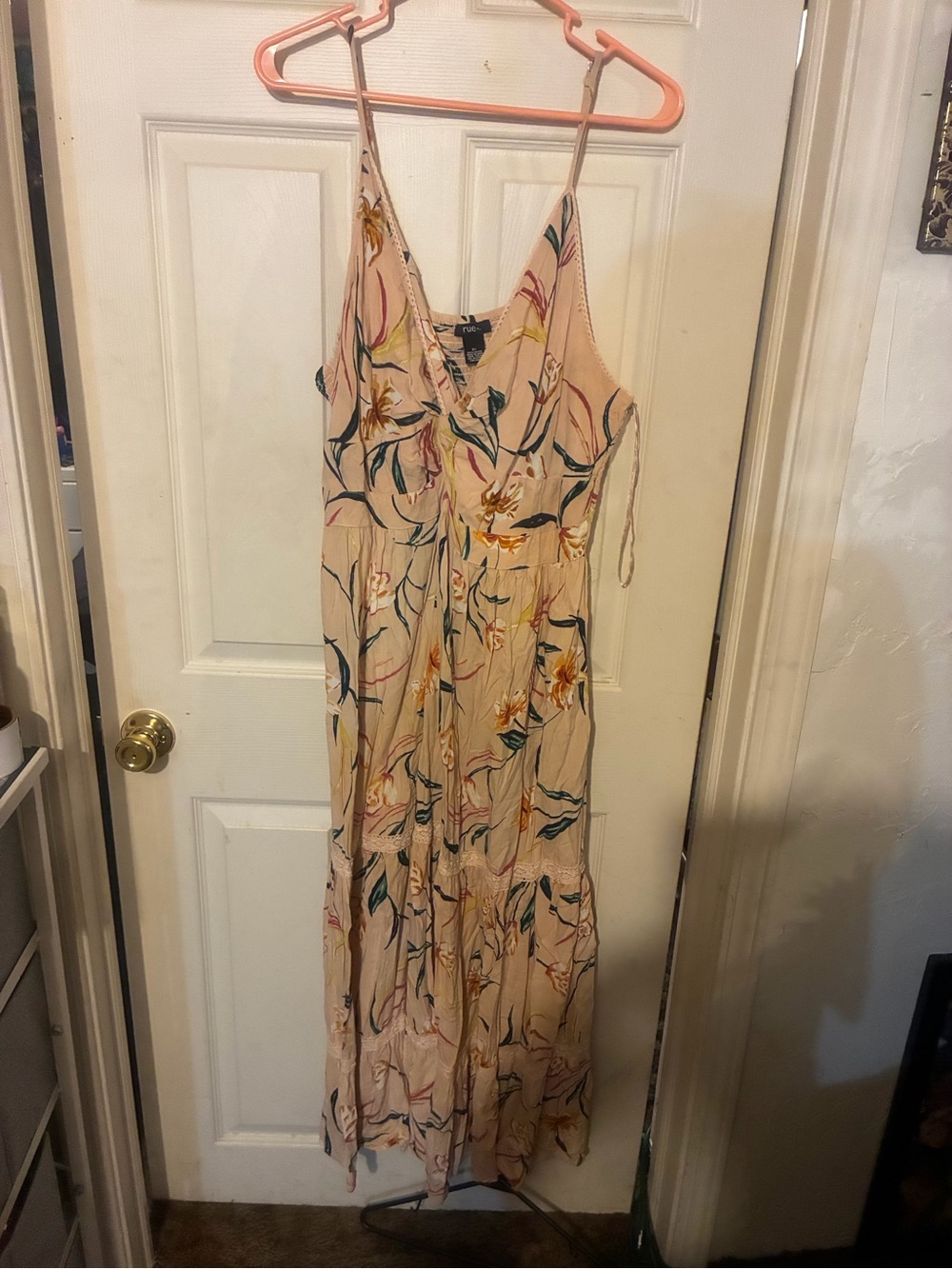 Blush Floral Maxi Dress with V-Neck and Spaghetti Straps